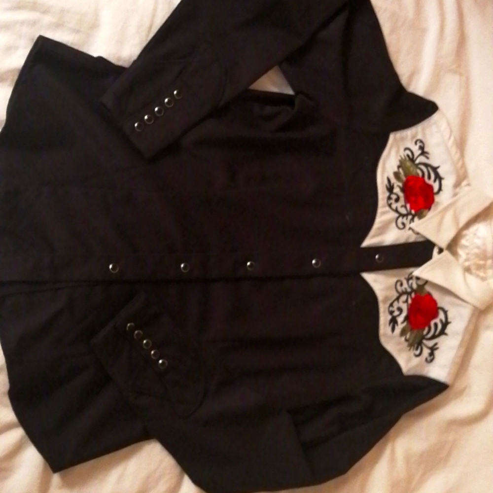 Roper Black Shirt with White Yoke and Red Floral Embroidery